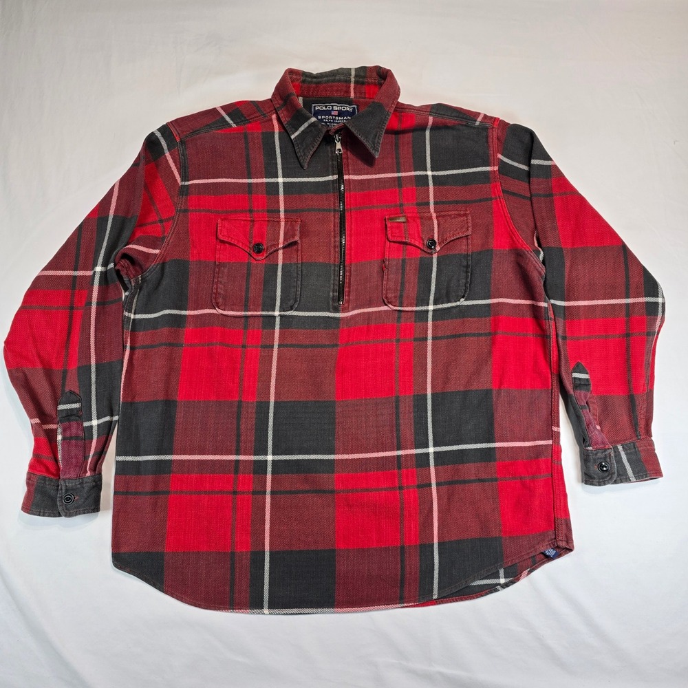 VTG Polo Sport Sportsman Ralph‎ Lauren Red Black Plaid Flannel Quarter Zip XL